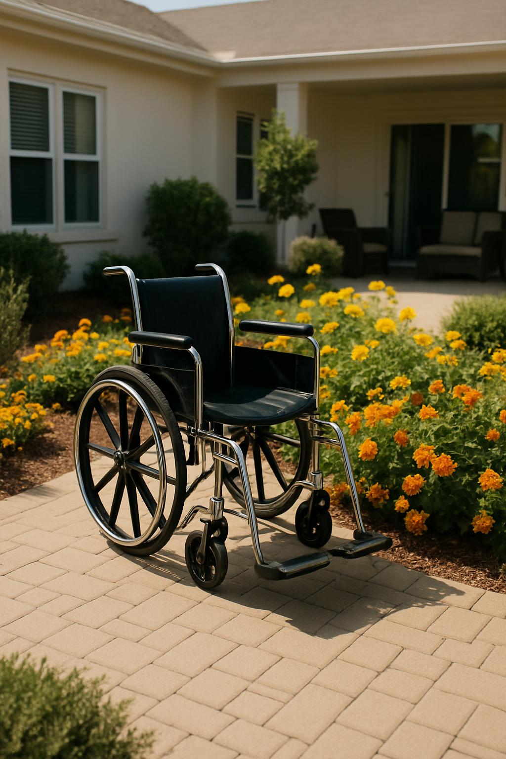 A wheelchair sits in a paved walkway surrounded by yellow and orange flowers, set against the backdrop of a house or build...